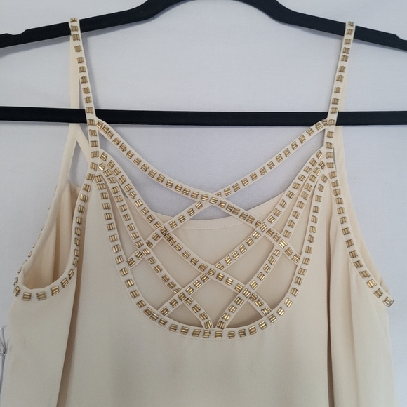 Cream White Small Flowy Short Summer Lined Dress Beaded Gold - Picture 1 of 9